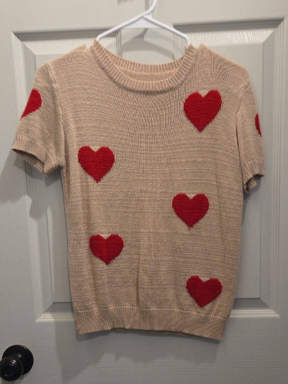3/$10 Beige Short-Sleeve Sweater with Red Heart Accents